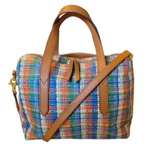 FOSSIL SYDNEY SATCHEL MULTI COLOR TWEED W/DETACHABLE ADJUSTABLE STRAP EUC
